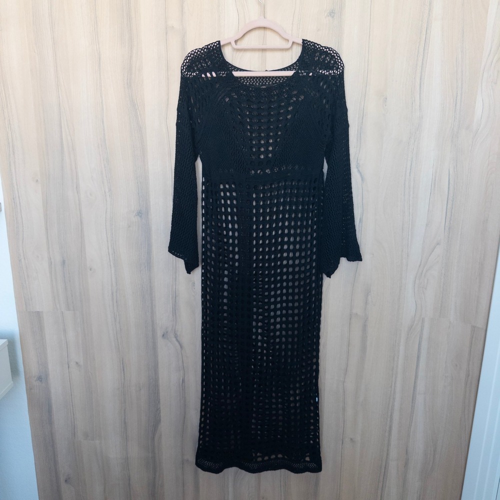 Crochet Maxi Dress OS Black Open Knit Flare Sleeve Swim Cover Up Boho Witchy
